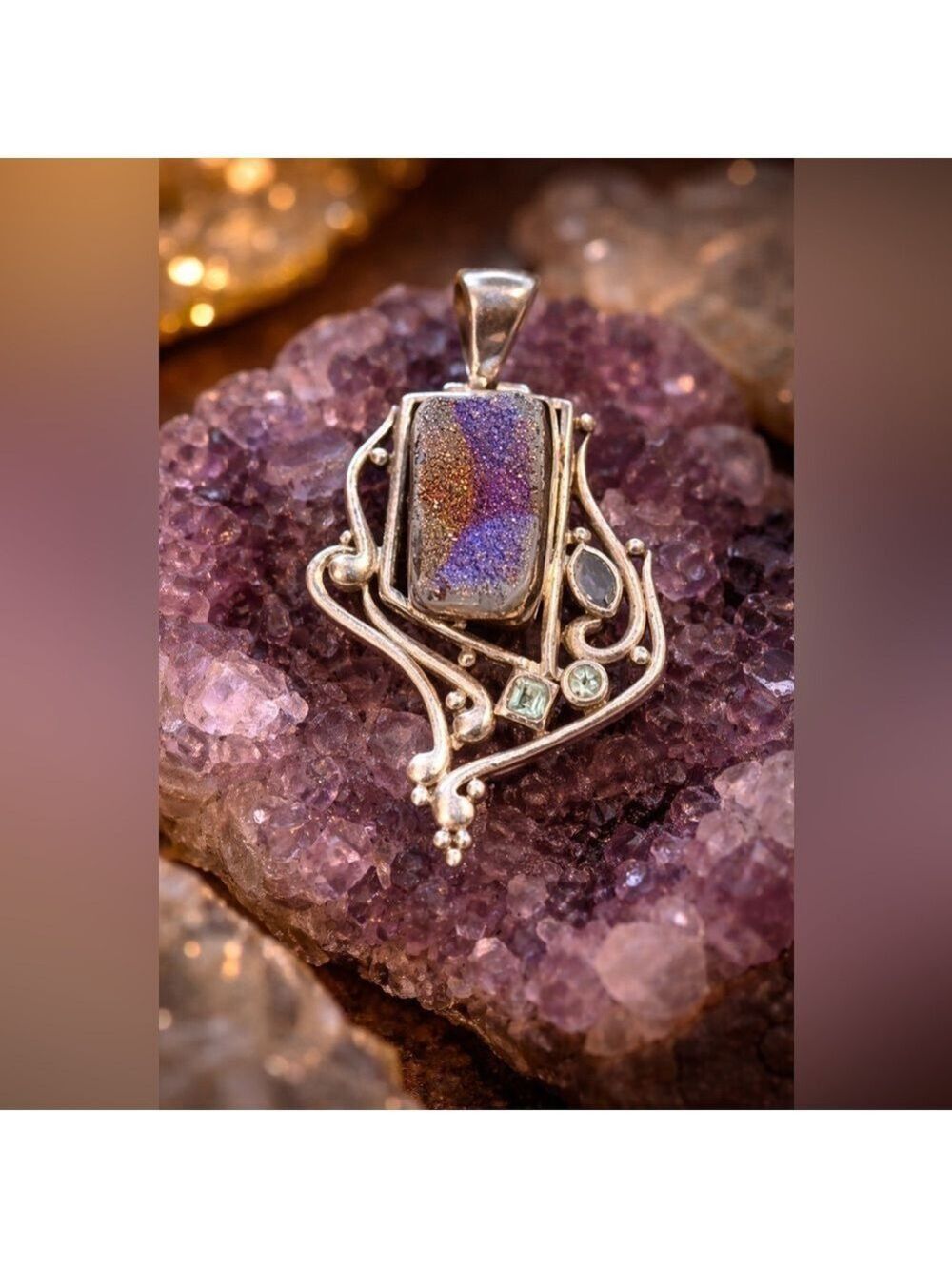 VINTAGE Sterling Silver 925 Iridescent Druzy Blue Topaz Faux Amethyst Pendant